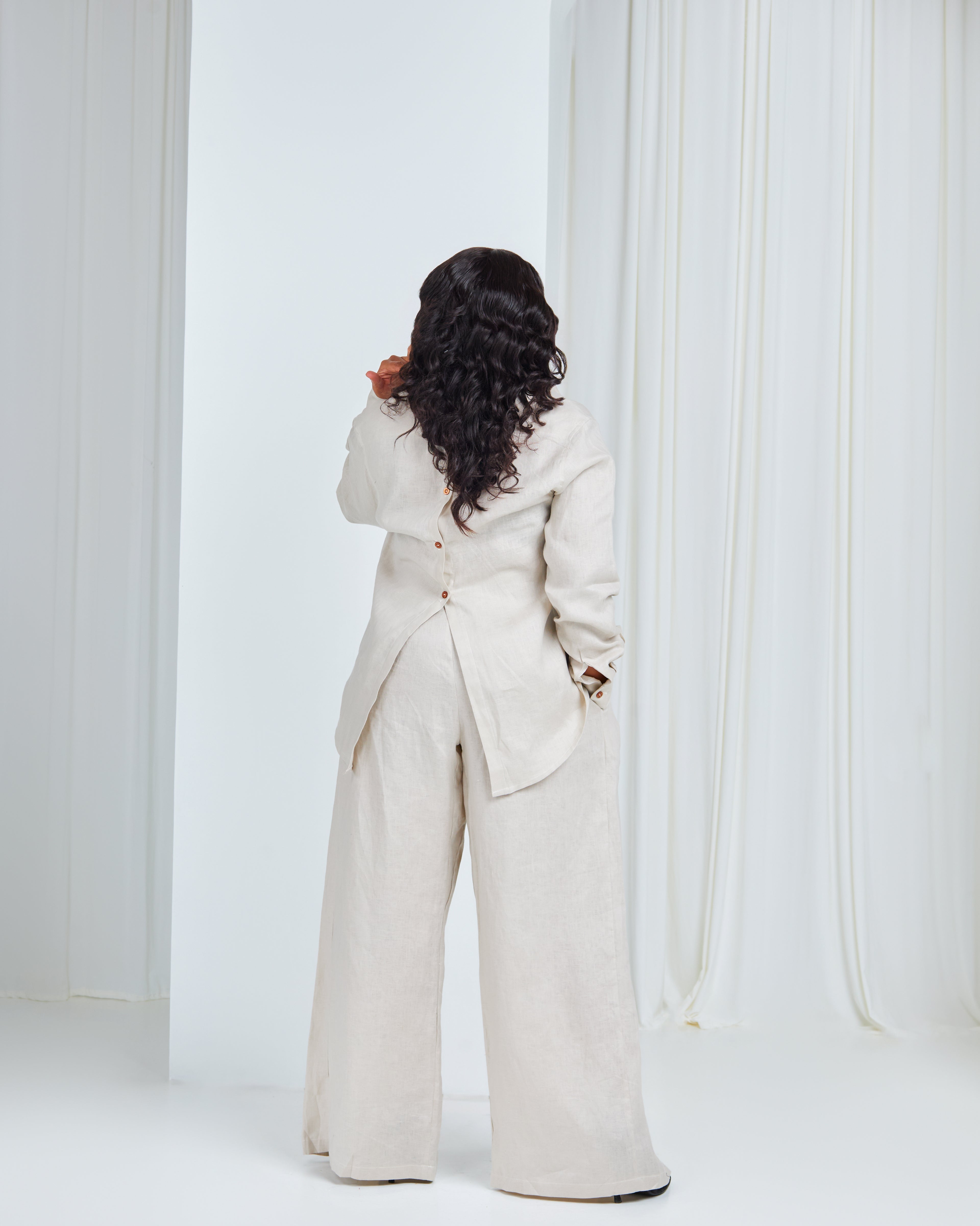 Neutral 100% Linen Pleated Pants & Shirt