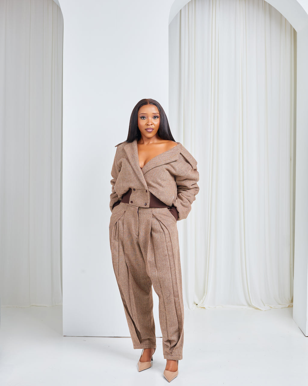 Brown Plaid Balloon Pants